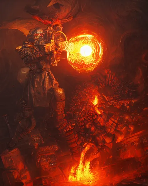 Image similar to Chicken, Anthropomorphized, holding flamethrower, raging, red, Golden Steampunk city atmosphere, magic the gathering artwork, D&D, fantasy, cinematic lighting, centered, symmetrical, highly detailed, digital painting, artstation, concept art, smooth, sharp focus, illustration, volumetric lighting, epic Composition, 8k, art by Akihiko Yoshida and Greg Rutkowski and Craig Mullins, heroic pose, oil painting, cgsociety