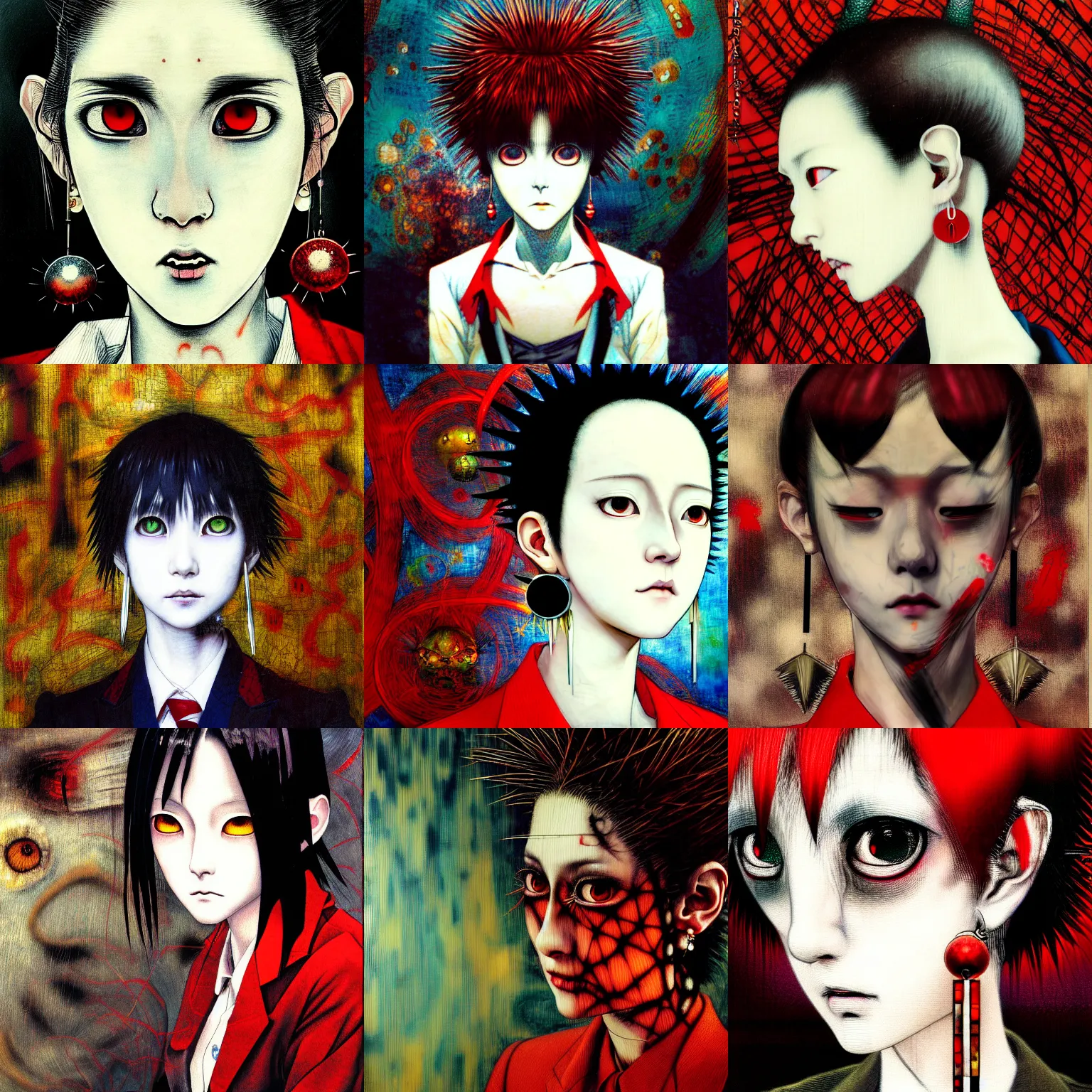 Prompt: yoshitaka amano blurred and dreamy realistic three quarter angle horror portrait of a sinister young woman with short hair, big spiky earrings and red eyes wearing office suit with tie, junji ito abstract patterns in the background, satoshi kon anime, noisy film grain effect, highly detailed, renaissance oil painting, weird portrait angle, blurred lost edges