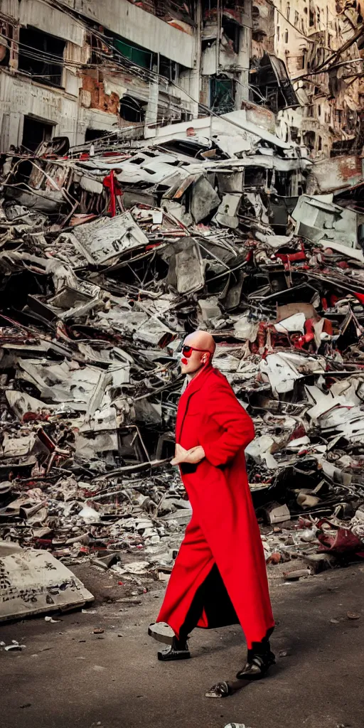 Prompt: cinematic scene of a bald pianist wearing sunglasses in red coat and green pants performing on top of dead bodies in streets of an apocalyptic metropolis destroyed after war, dead women, dead child, dead old, dramatic lighting, insane details