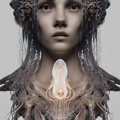 Image similar to goddess portrait. jellyfish phoenix head. intricate artwork by Tooth Wu and wlop and beeple. very coherent symmetrical artwork. cinematic, hyper realism, high detail, octane render, 8k