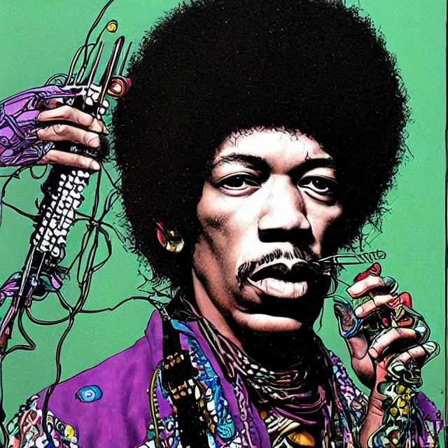 Prompt: a portrait of jimi hendrix with voodoo electronics by moebius