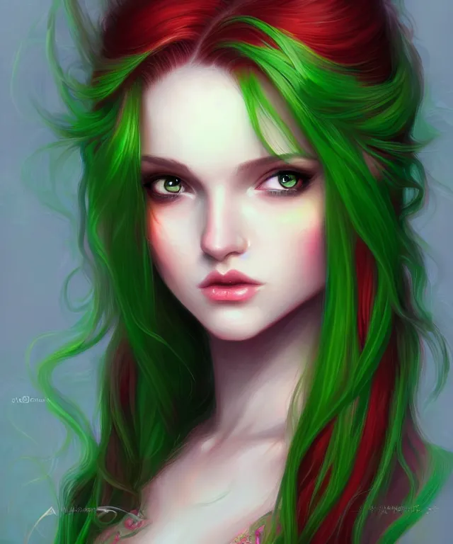 Image similar to Fae teenage girl, portrait, face, long red hair, green highlights, fantasy, intricate, elegant, highly detailed, digital painting, artstation, concept art, smooth, sharp focus, illustration, art by artgerm