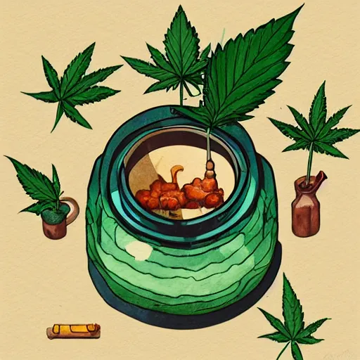 Image similar to neat composition cannabis leaf in pot cafe detailed cute characters, isometric fun style ink watercolor illustration, by ren hang, australian style video game still