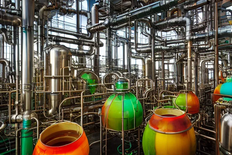 Prompt: tropical cocktail refinery, translucent pipes showing colorful liquid inside, machines, industrial, high definition photograph, documentary still, 55mm,