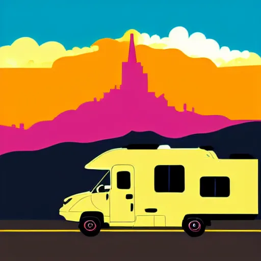 Image similar to vector art of a white and black cute thor chateau! motorhome camper!!, highway, mountains and colorful sunset!!, very very happy, dramatic motion, warm colors, crisp lines, very minimal vector art, sticker!! by tom whalen