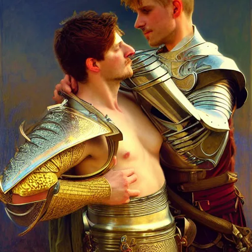 Image similar to attractive arthur pendragon and his attractive male knight, they are in love, natural lighting, path traced, highly detailed, high quality, digital painting, by gaston bussiere, craig mullins, alphonse mucha j. c. leyendecker