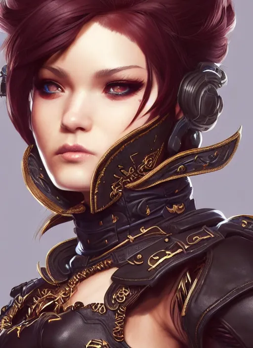 Image similar to rogue, fantasy ornate leather bandit outfit!!! close - up portrait beautiful and athletic short hair female!! gorgeous face and eyes!! character concept art, sharp focus, octane render! unreal engine 5! highly rendered!! trending on artstation!! detailed linework!! illustration by artgerm, wlop, and chie yoshii