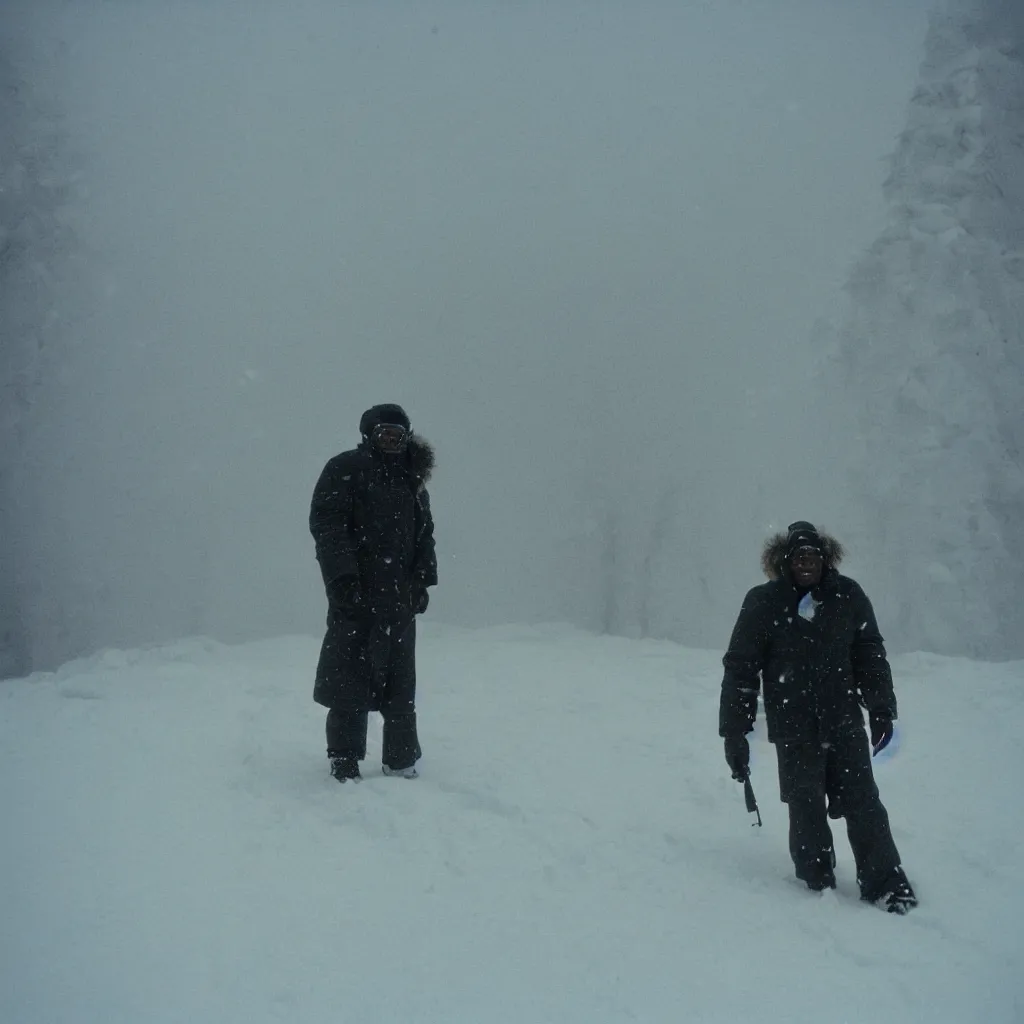 Image similar to photo, old black man wandering in the snow, moncler jacket, ski goggles, wild unkempt hair, mischevious grin, portrait, cold color temperature, snow storm. hazy atmosphere. humidity haze. kodak ektachrome, greenish expired film, award winning, low contrast