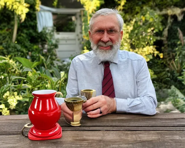 Image similar to mr robert is drinking fresh tea in a garden from spiral mug, detailed face, wearing choker, grey beard, golden hour, red elegant shirt