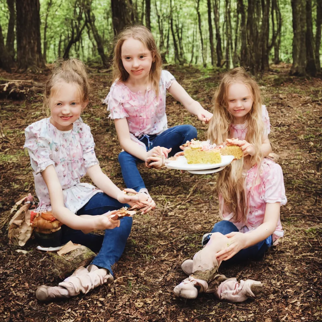 Image similar to a girl sitting in a forest, girl eating a piece of cake, sunny day, windy day