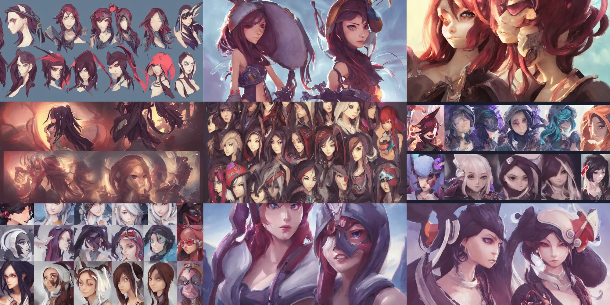 Prompt: concept art of female video game characters head designs, random ethnicity, disgaea, flcl, hearthstone, unique hairstyles, by qui fang, marc brunet, artgerm, wlop, yuxiang chen, intricate, elegant, highly detailed, stylized, digital art, artstation, concept art, sharp focus, illustration, beautiful sunlight and shadows