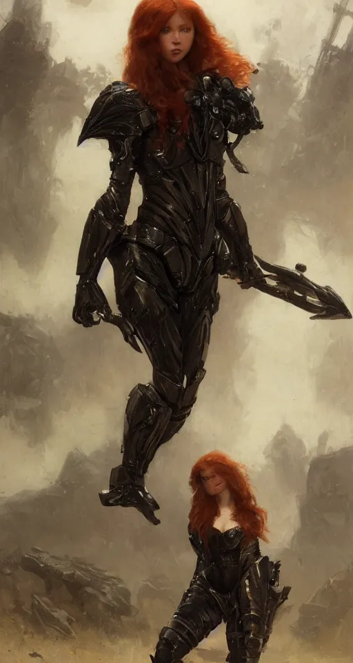 Image similar to short muscular redhead young woman wearing black lowpoly armour, bare legs, detailed, by gaston bussiere, bayard wu, greg rutkowski, giger, maxim verehin, greg rutkowski, masterpiece, sharp focus, cinematic lightning