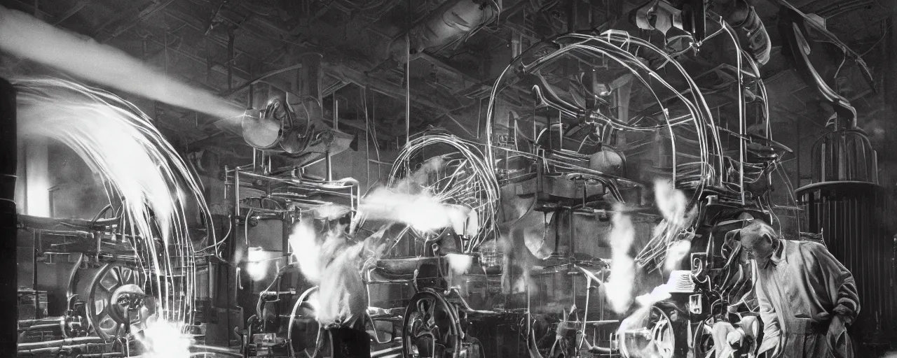 Image similar to james watt inventing the spaghetti steam engine, canon 5 0 mm, cinematic lighting, photography, retro, black and white film, kodachrome