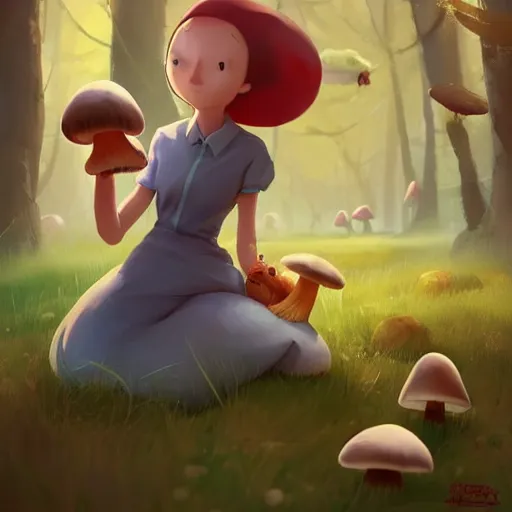 Image similar to goro fujita ilustration a cheerful girl collecting mushrooms in the forest, characterized by masamune shirow and greg rutkowski, character art, sharp focus, highly detailed, artstation