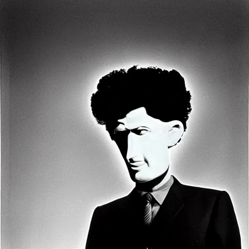 Image similar to man with a crt television for a head, 1970 photograph, otherworldly, liminal, eraserhead