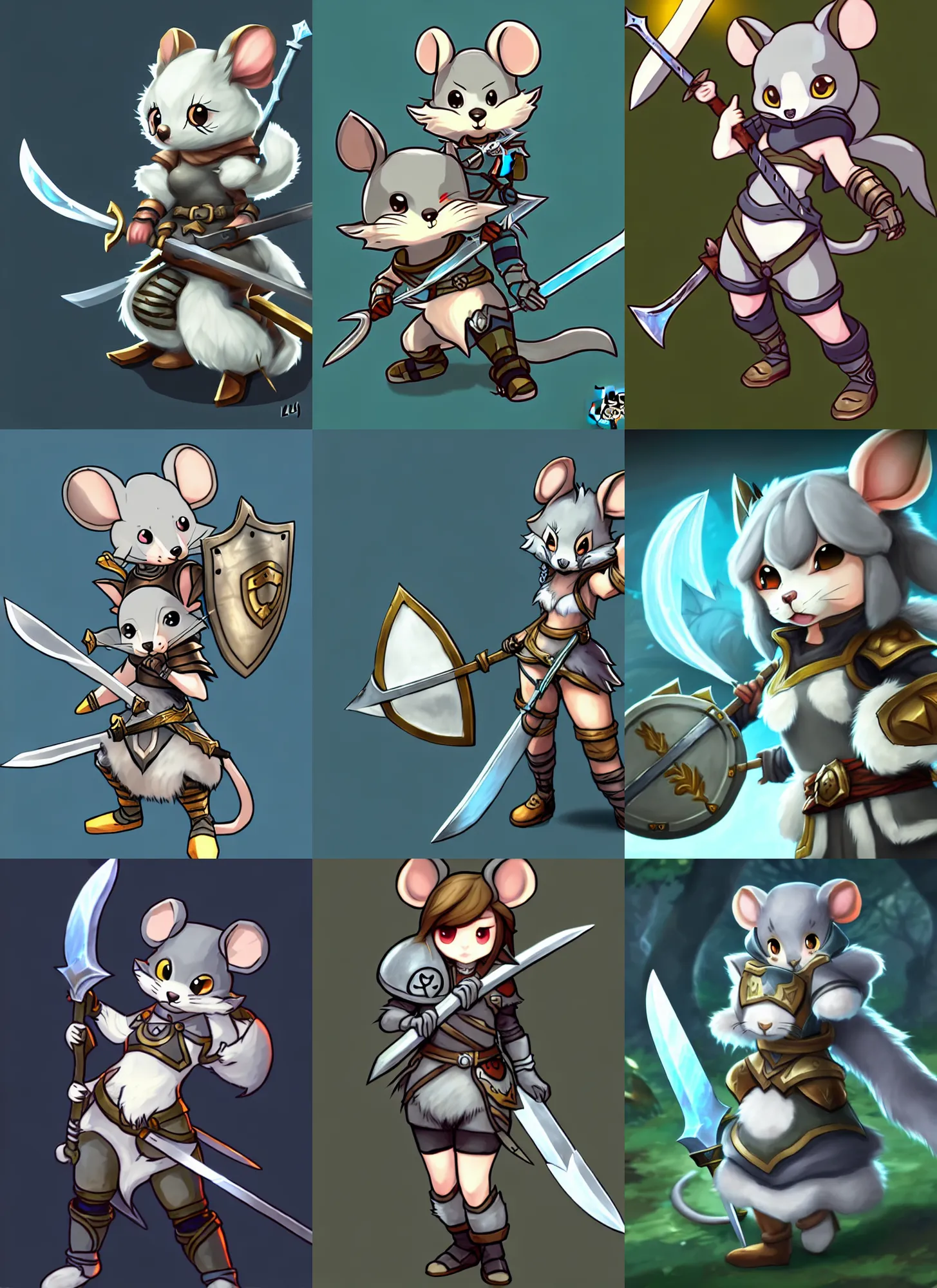 Prompt: a cute gray cute mouse guard girl furry with a sword and shield, league of legends splash art