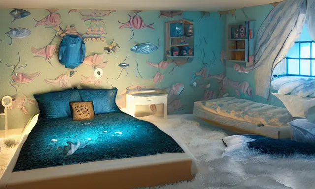 Prompt: a bedroom deep under the sea, photorealistic magazine picture, studio lighting, cozy, extremely detailed and realistic