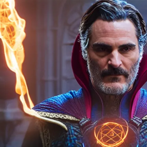 Image similar to A still of Joaquin Phoenix as Dr. Strange. Extremely detailed. Beautiful. 4K. Award winning.