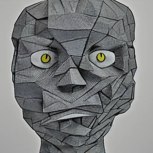 Image similar to pokemon blocks by art spiegelman. a sculpture of a human head seen from multiple perspectives at once, as if it is being turned inside out. every angle & curve of the head is explored & emphasized, creating an optical illusion.