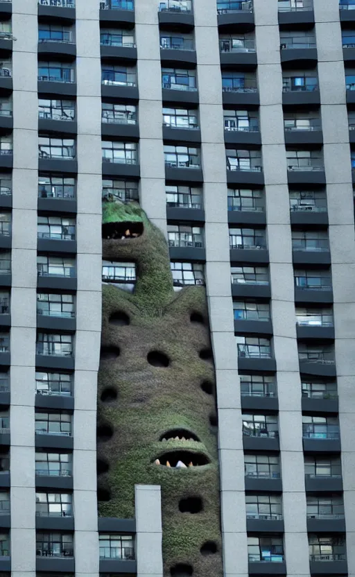 Image similar to giant monster with apartment in its chest, humans looking out from the windows embedded in the monster's chest, living apartment building, apartment building in the shape of a monster, monster made of apartment building