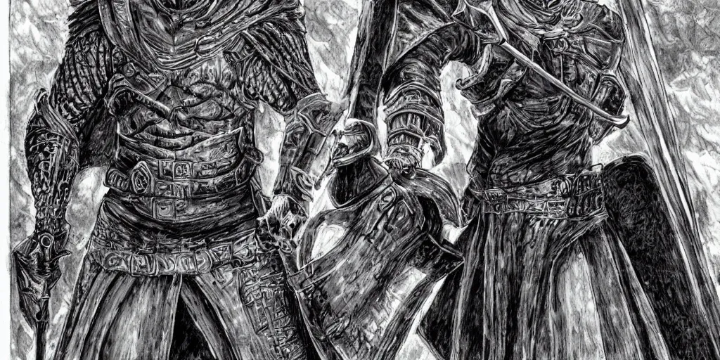 Prompt: guts with one arm, greatsword, detailed face, high detail, castle background, manga style, by kentaro miura