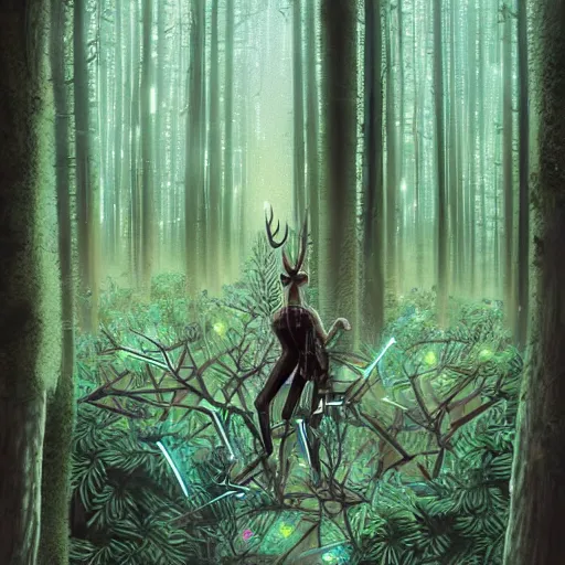 Image similar to a cybernetic ecology. joined back to nature, all watched over by machines of loving grace. a cybernetic forest filled with pines and electronics where deer stroll peacefully past computers as if they were flowers with spinning blossom oil on canvas, masterpiece, trending on artstation, featured on pixiv, cinematic composition, dramatic pose, beautiful lighting, sharp, details, hyper-detailed, HD, HDR, 4K, 8K