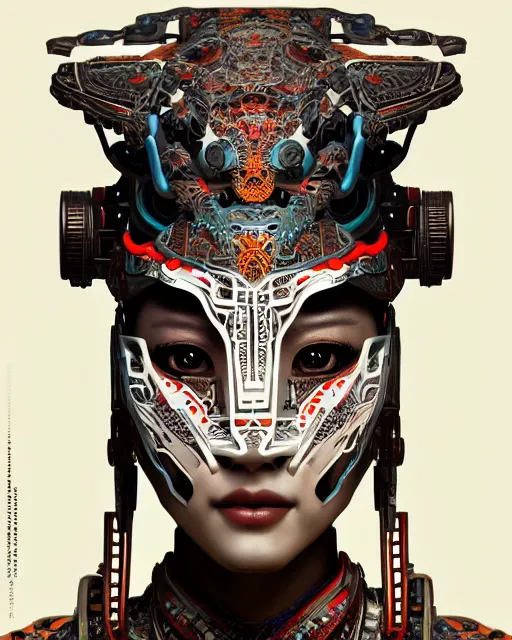 Image similar to portrait of a machine from horizon zero dawn, machine face, upper body, decorated with chinese opera motifs, asian, traditional chinese art, intricate, elegant, highly detailed, digital painting, artstation, concept art, smooth, sharp focus, illustration, art by artgerm and greg rutkowski and alphonse mucha, 8 k