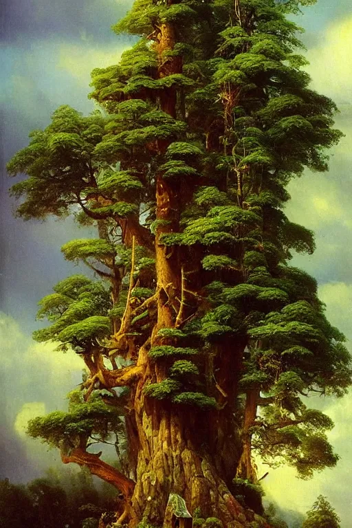 Image similar to oil painting of a fantasy treehouse by ivan shishkin and aivazovsky, highly detailed, masterpiece