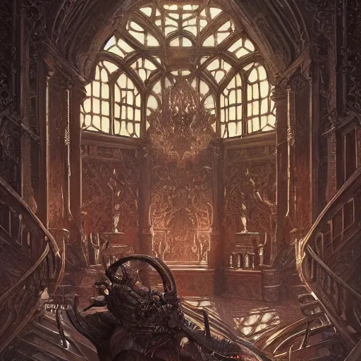 Image similar to ultra realistic illustration,, hell torture chamber interior from diablo and baldurs gate, intricate, elegant, highly detailed, digital painting, artstation, concept art, smooth, sharp focus, illustration, art by artgerm and greg rutkowski and alphonse mucha