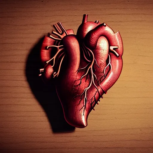 Prompt: lovecraftian anatomical heart lying on a wooden desk, closeup, detailed, realistic, cinematic lighting, unreal engine, cgsociety, detailed