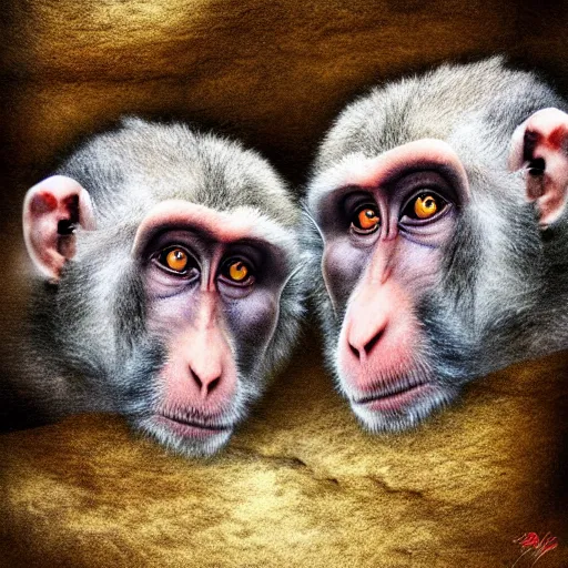 Prompt: two macaques looking at each other inside ancient cave, digital art, soft shadows, creepy art