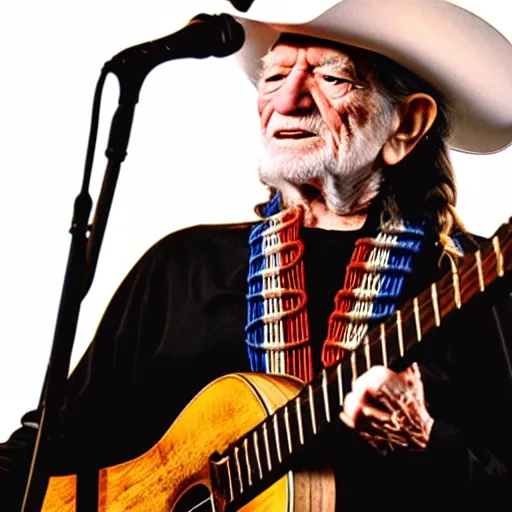 Image similar to willie nelson on stage, detailed image, four fingers holding guitar. god rays through fog.