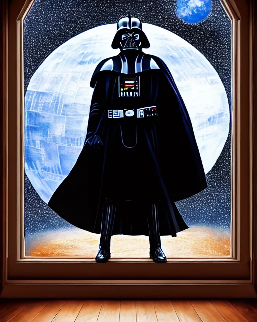 Image similar to acrylic painting portrait of darth vader looking through a large window into outer space with a large planet visible, view from behind, high production value, intricate details, high resolution, hdr, high definition, masterpiece, realistic, ultrarealistic, highly detailed, hd, sharp focus, non blurry, sharp, smooth