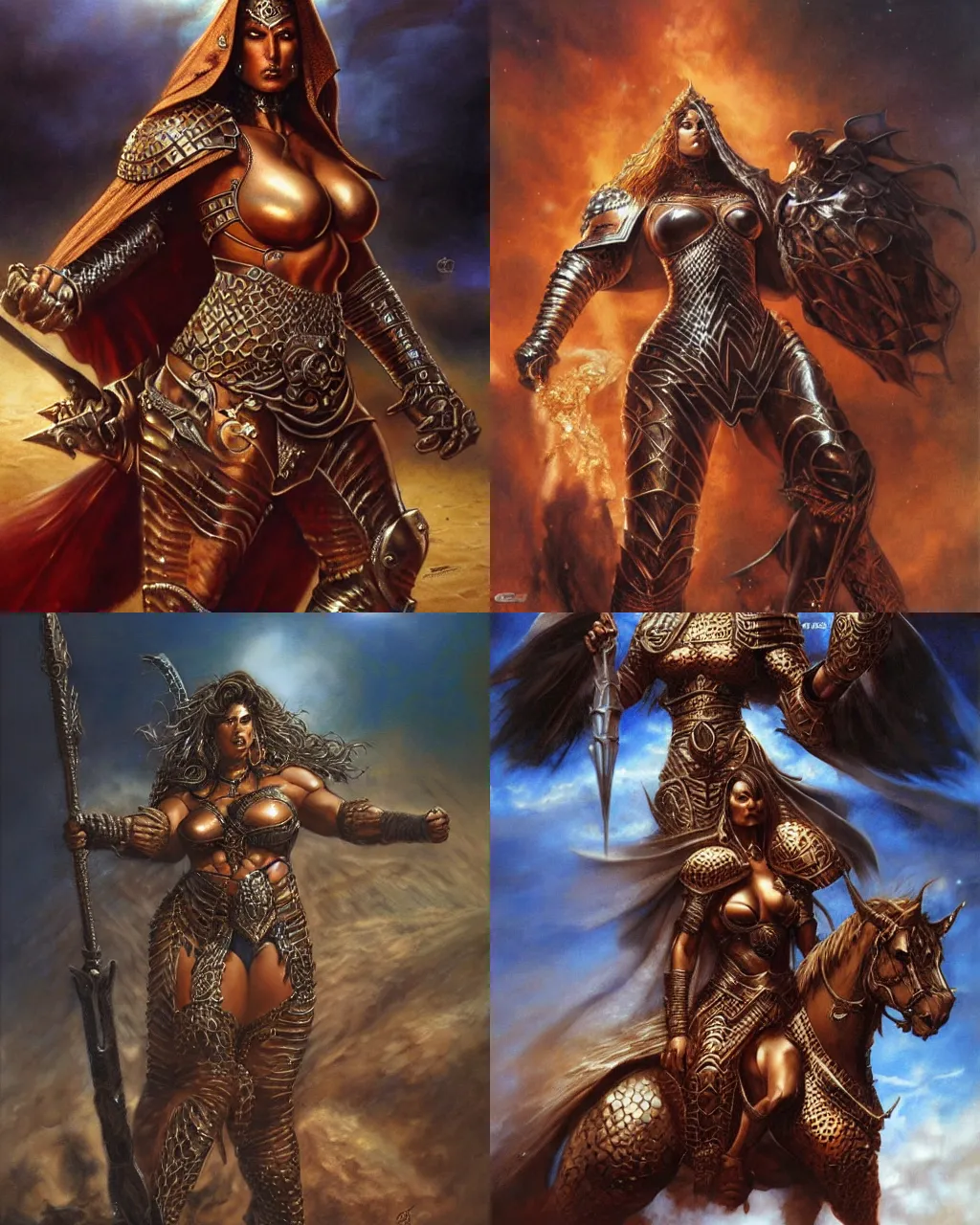 Prompt: a large powerful arabian woman wearing copper armor, heavy looking, powerful scene, imposing presence, by greg staples and boris vallejo, hyperdetailed, realistic, dark skin, desert lands, sharp focus, soft lighting, centered