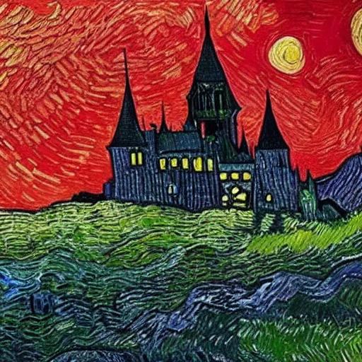 Image similar to beautiful gothic castle landscape in the style of Vincent Van gogh