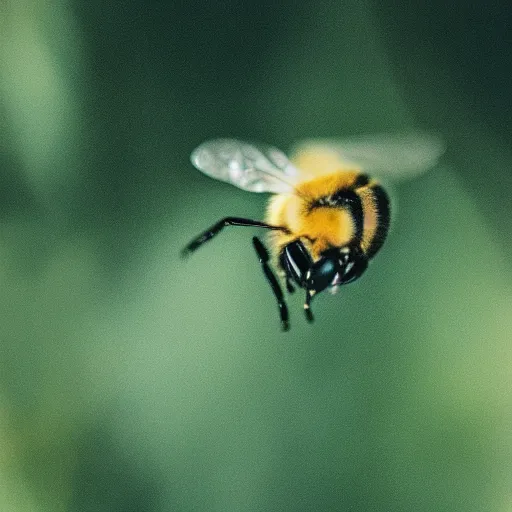 Prompt: macro photo of bee drinking water from droplet, kodak portra 4 0 0 color negative film