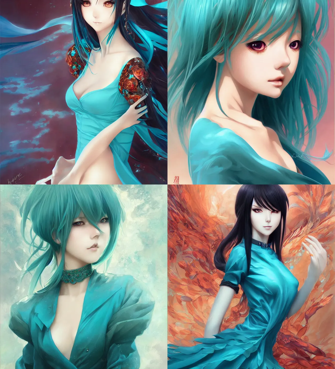 Prompt: anime girl wearing an elegant turquoise dress, digital portrait by artgerm, artwork by karol bak and huifeng huang, artstation