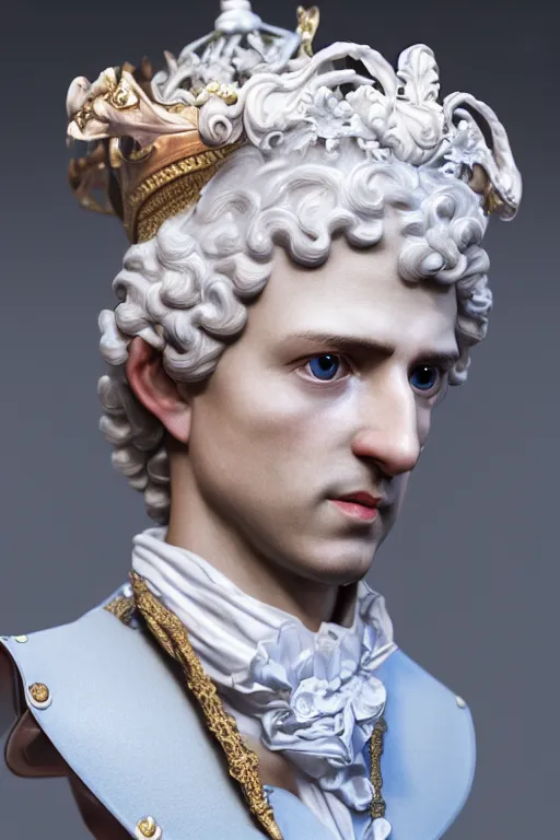 Image similar to a realistic porcelain rococo style bust of handsome young Spanish prince with colored pipecleaners for a crown and suspended in outer space, photorealism, octane render, depth of field, 8k, 35mm, artgem, Trending on artstation
