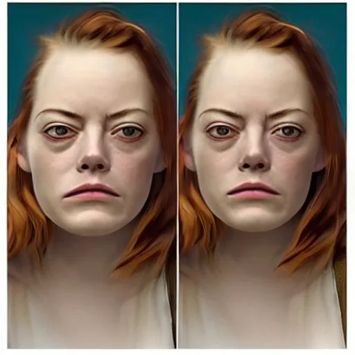 Image similar to Emma Stone homeless mugshot portrait. Faces of Meth.