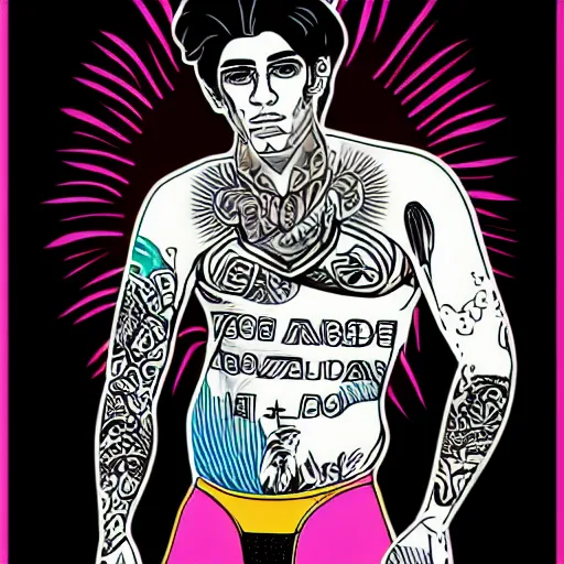 Image similar to a portrait of tattooed the beautiful greek god adonis, in retro colors, synthwave style, 2 d digital vector art