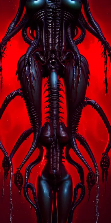 Prompt: Xenomorph alien goddess, red liquid dripping from above, 8k details, high details, sinister vibe, dark room, many wires attached to her, rib cage exposed, bodies in the back, menacing look, octane render, hyper realistic by h.r. giger and peter mohrbacher