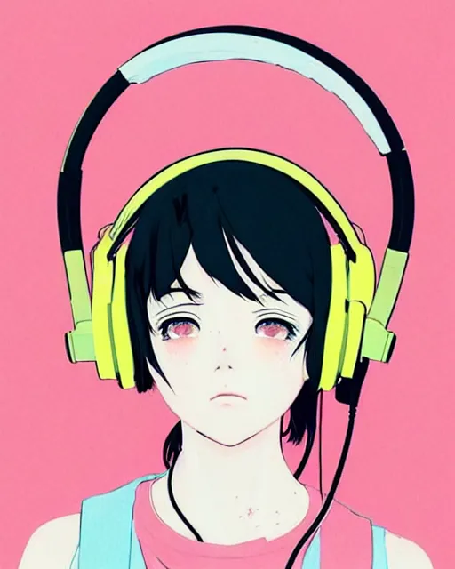 Image similar to girl wearing headphones, city background, very anime!!! anime!! intricate details, aesthetically pleasing pastel colors, poster background, art by conrad roset and ilya kuvshinov