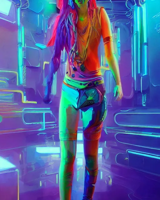 Image similar to colorful full body portrait of a hippie, set in the future 2 1 5 0 | highly detailed | very intricate | symmetrical | professional model | cinematic lighting | award - winning | painted by mandy jurgens and ross tran | pan futurism, dystopian, bold psychedelic colors, cyberpunk, groovy vibe, anime aesthestic | featured on artstation