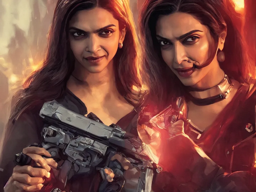 Prompt: Portrait of Deepika Padukone as Baroness in G.I, Joe, with evil smile and holding a gun, in a movie still cinematic, artstation, Greg rutkowski, detailed face, UHD 8K