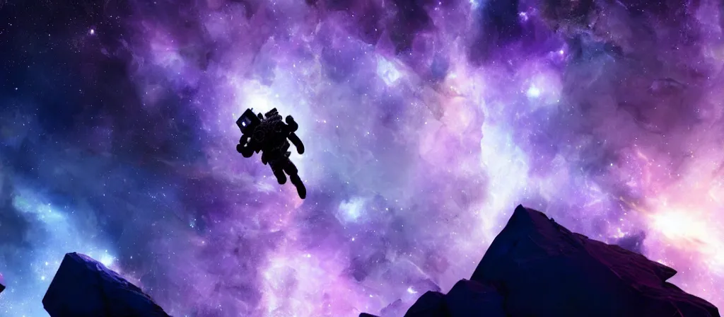 Image similar to extreme close up, astronaut on purple [ [ [ crystal ] ] ] caves, amethyst, beautiful dynamic lighting, nebula sky, cinematic, wide angle establishing shot, extremely high detail, photo realistic, cinematic lighting, matte painting, interstellar, greg rutkowski, roger deakins