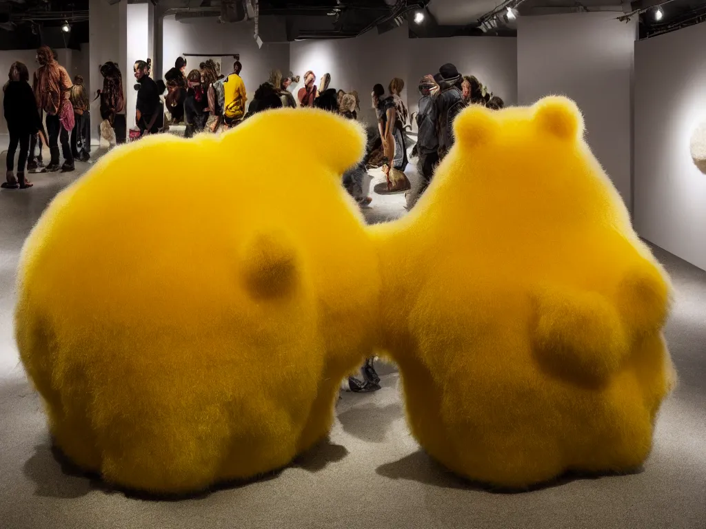 Image similar to a fur covered jelly bean shape, dirty grungy stuffed animal, style of paul mccarthy and mike kelley, yellow - tan color