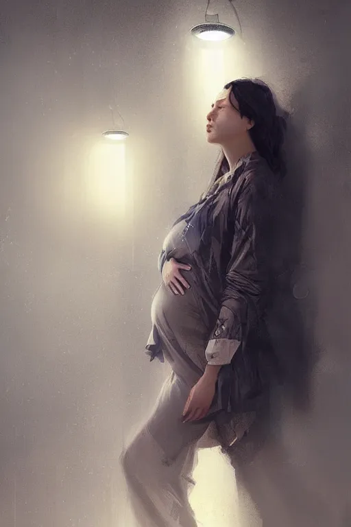 Prompt: pregnant woman under street light, highly detailed, sharp focused, ultra realistic digital concept art by Ruan Jia