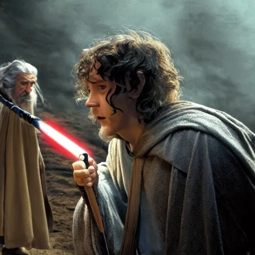 Prompt: frodo and gandalf as jedi master, dramatic lighting,