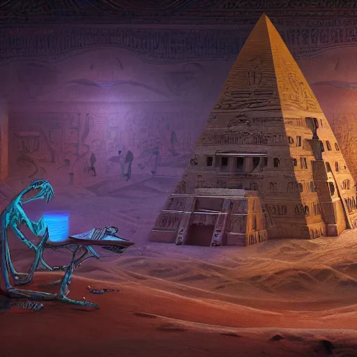 Image similar to mummy sarcophagus, pyramid interiors, wall craved with egypt art, bioluminescence, commit, treasure, vegetation, colorful, rim light, highly detailed, digital painting, concept art, smooth, sharp focus, pleasing aesthetics, josan gonzalez, michael dante dimartino, simon stalenhag, octane render, disney pixar, 4 k