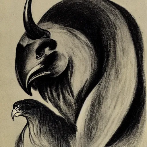 Prompt: a creature with the body and eyes of a man, with the beak of an eagle, the mane of a lion, and the horn of a bull. drawn by edward hopper